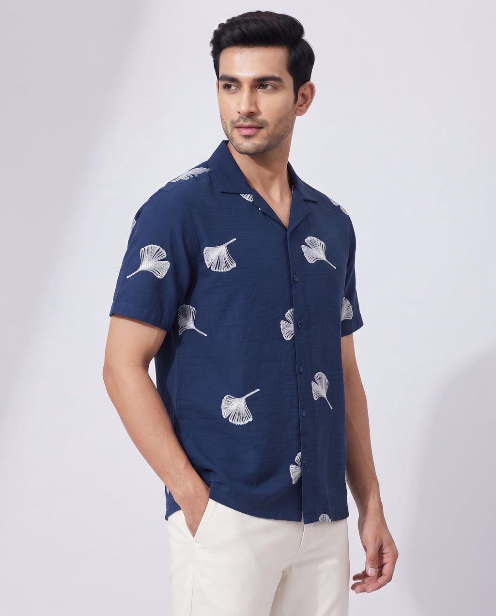 Men's Navy Ginkgo Leaf Embroidered Resort Shirt