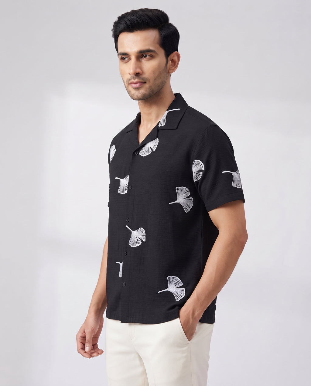 Men's Navy Ginkgo Leaf Embroidered Resort Shirt