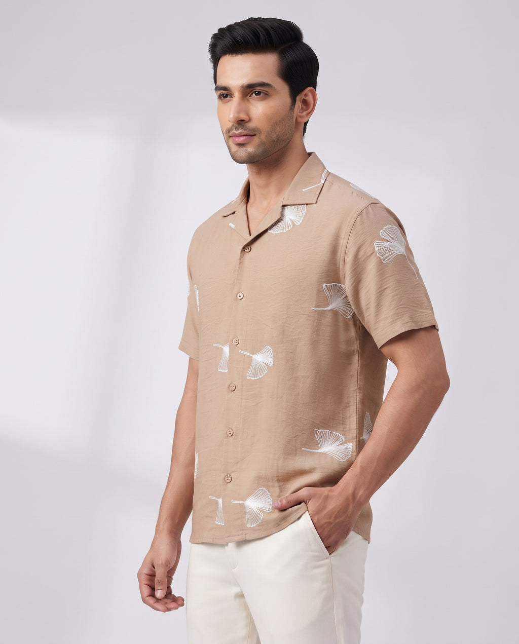 Men's Navy Ginkgo Leaf Embroidered Resort Shirt