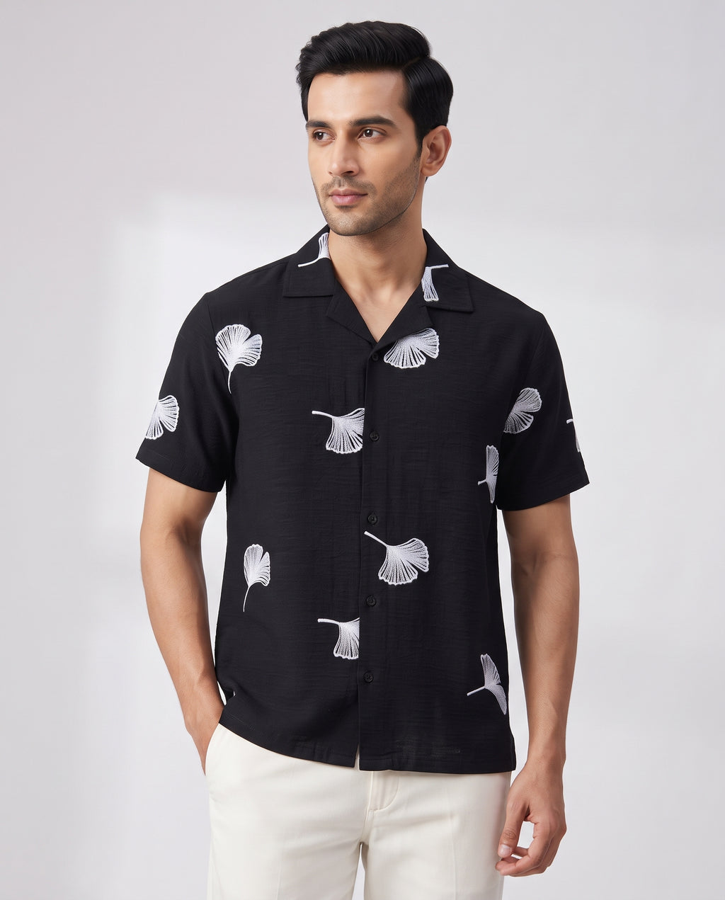 Men's Navy Ginkgo Leaf Embroidered Resort Shirt