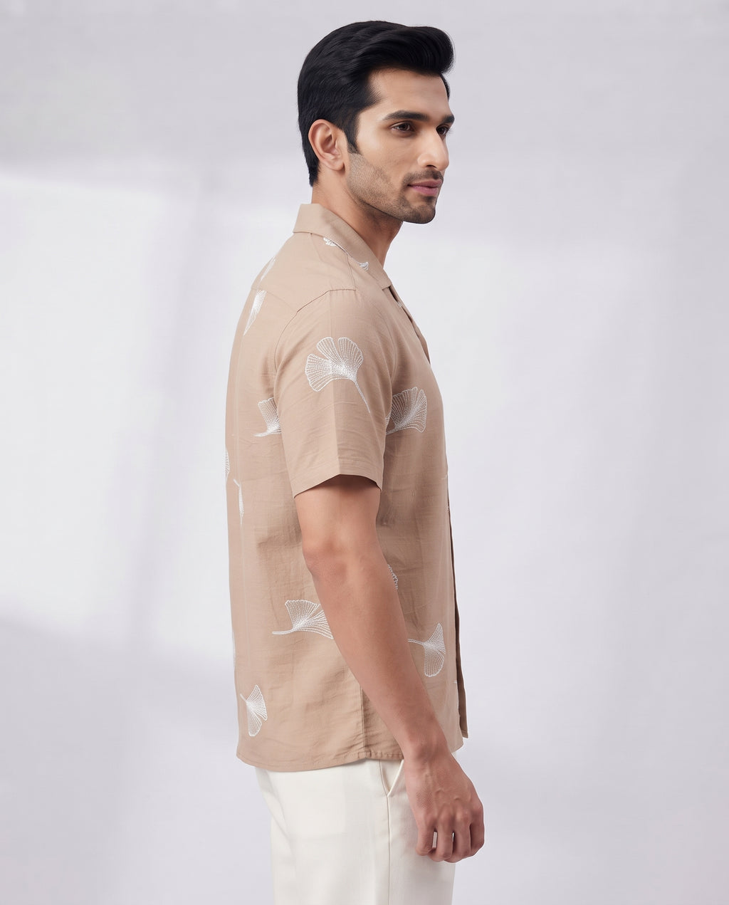 Men's Navy Ginkgo Leaf Embroidered Resort Shirt