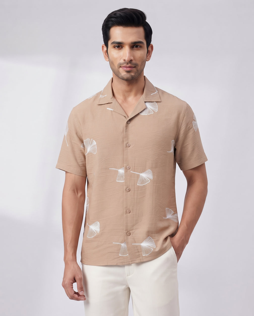 Men's Navy Ginkgo Leaf Embroidered Resort Shirt