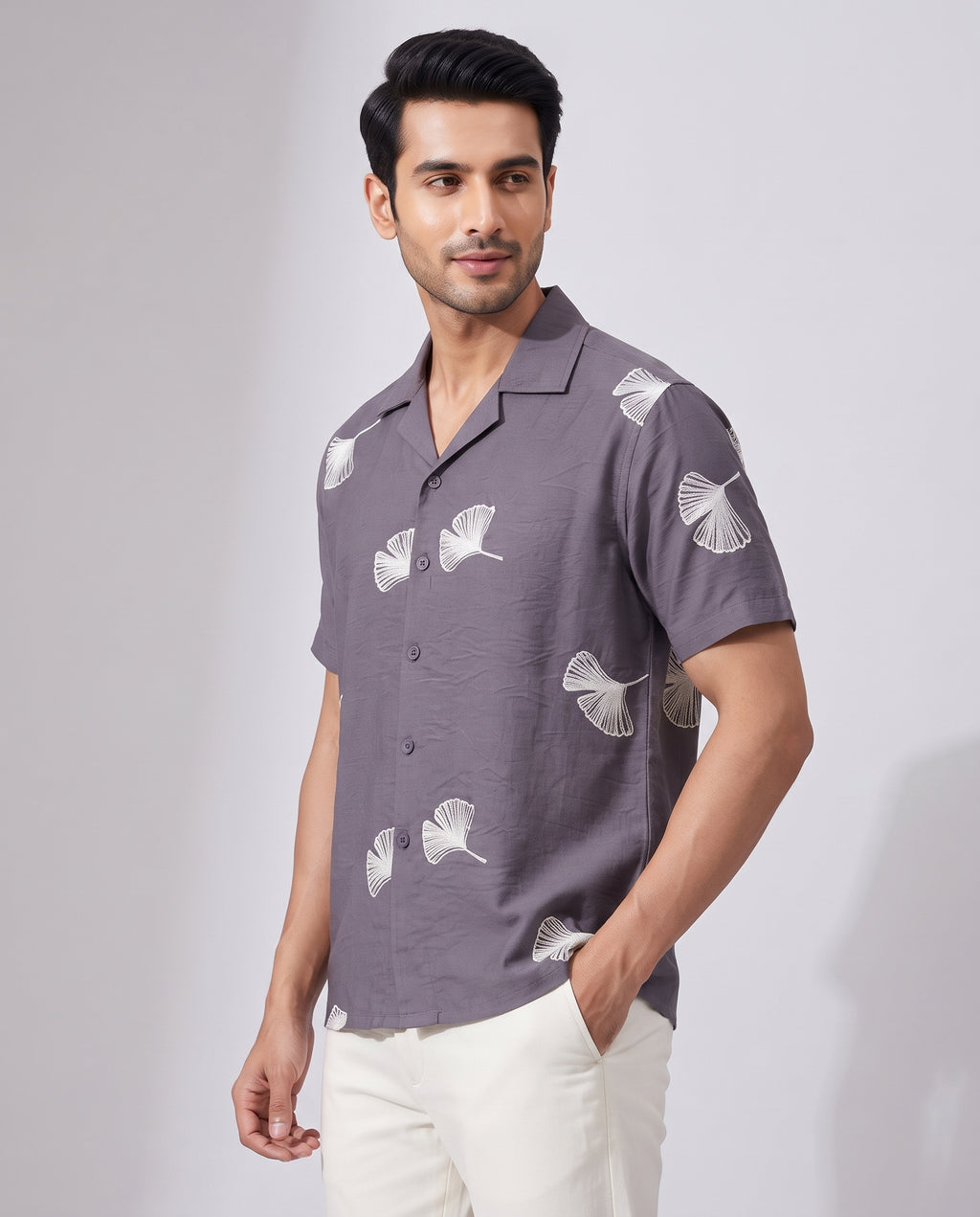 Men's Navy Ginkgo Leaf Embroidered Resort Shirt