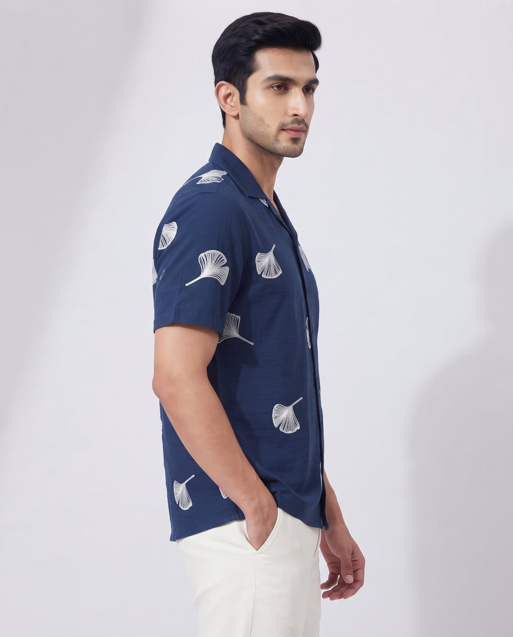 Men's Navy Ginkgo Leaf Embroidered Resort Shirt