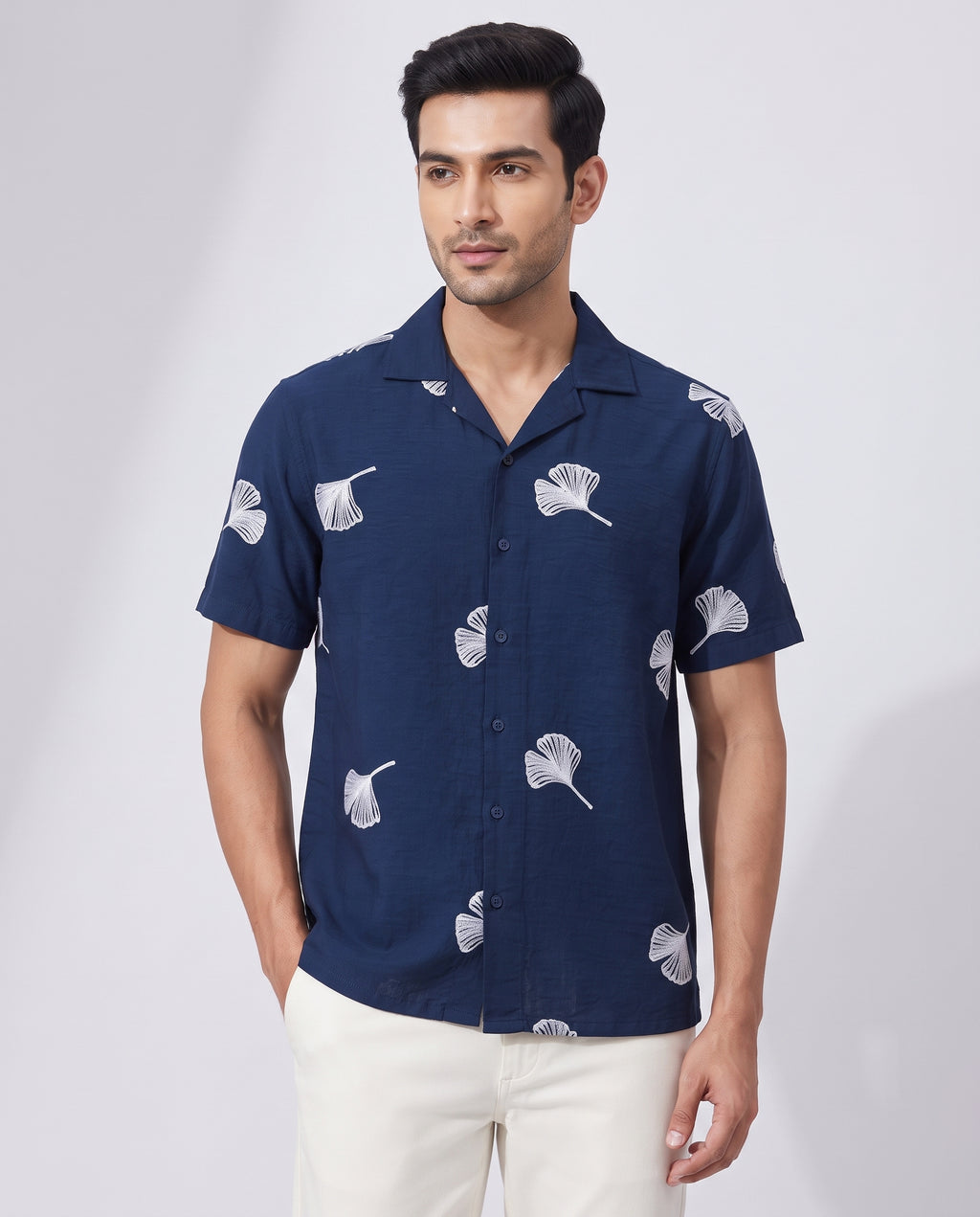 Men's Navy Ginkgo Leaf Embroidered Resort Shirt